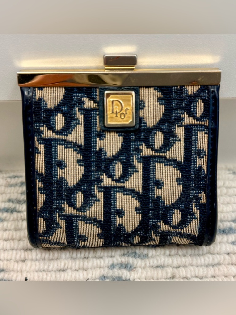 DIOR Vintage Rare Blue Trotter Monogram Canvas Kiss Lock Coin Purse W/ Gold - Picture 2 of 12